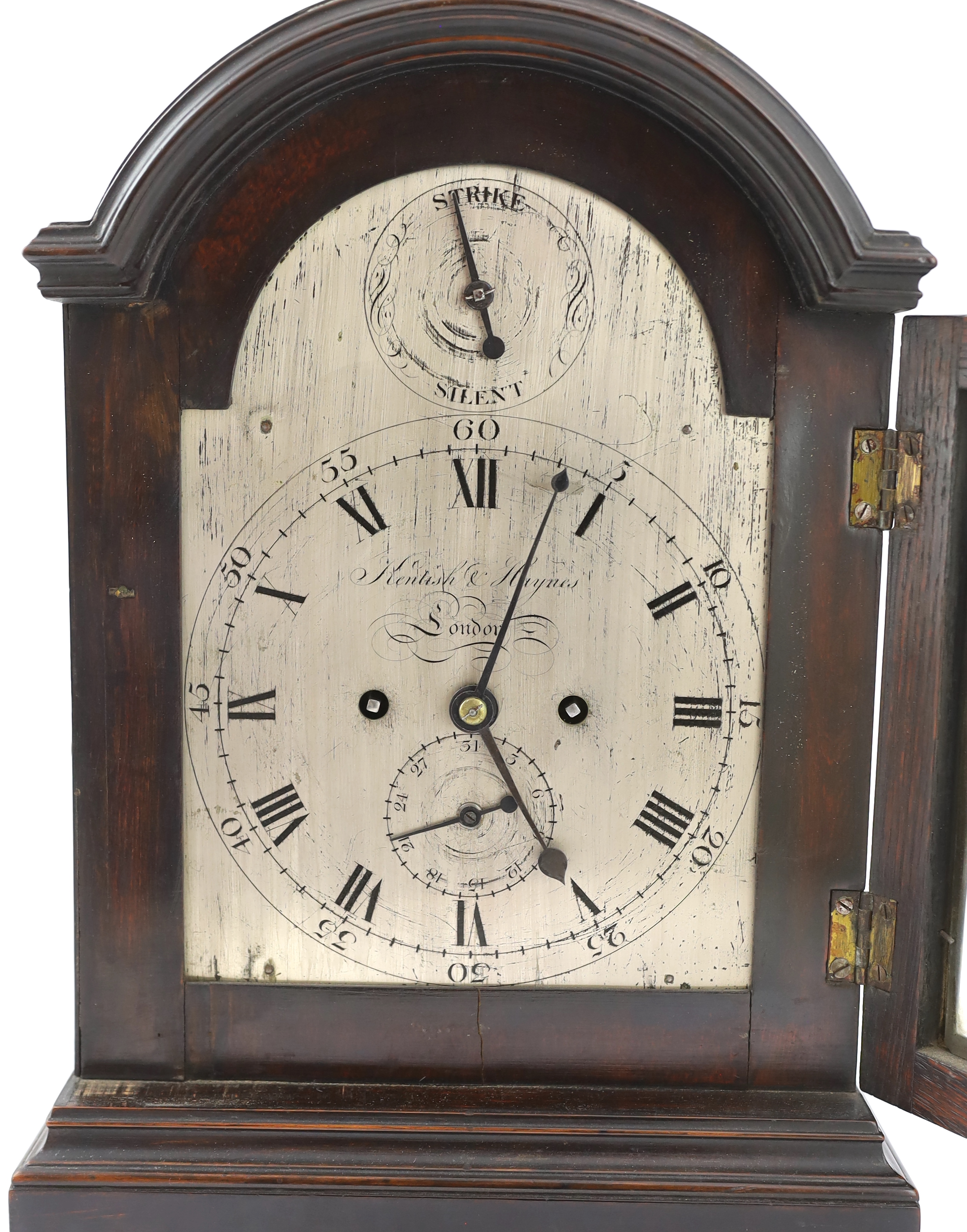 Kentish & Haynes of London, a George III ebonised eight day bracket clock 28.5cm wide, 19.5cm deep, 40cm high